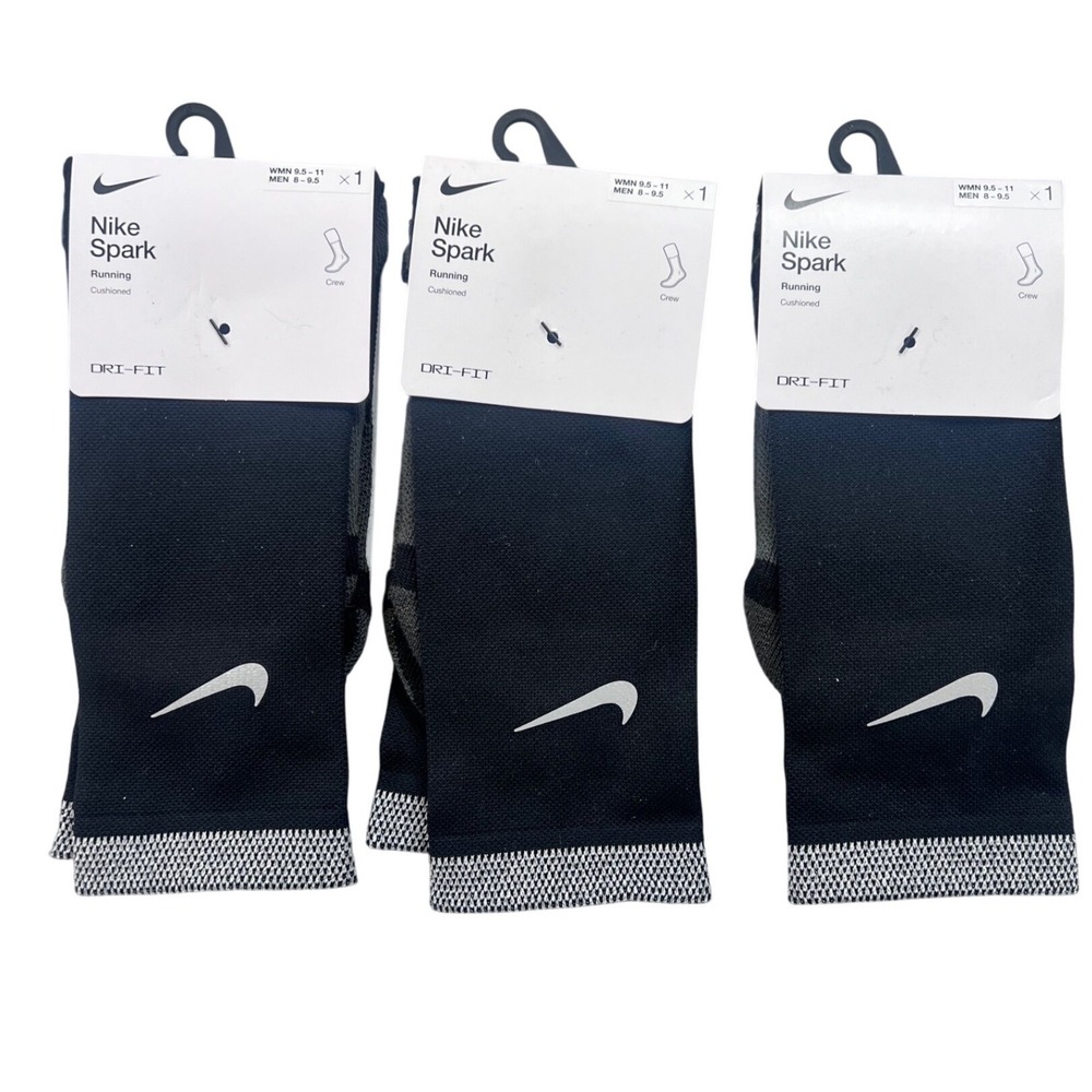3 Pair Nike Spark Running Cushioned Crew Socks Black Gray Men 8-9.5 Women 9.5-11